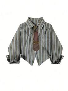 Women's Striped/White/Black Asymmetrical Hem Shirt With Tie: It Combines Vintage Western, Retro, And Casual Styles, And Is Very Suitable For Fashionable Women In Daily And Dating Occasions, As Well As For Students Returning To School And Campus Parties.