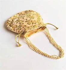 Women's Velvet Embroidered Potli Bag Purse Pouch Drawstring Bag Golden Work Wedding Gift For Women-2025 - 奶油 - 查看 3