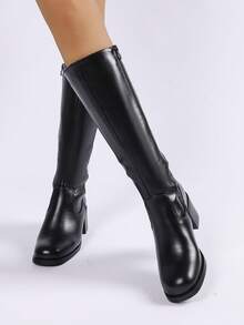 2025 秋冬女士黑色及膝靴 - 低跟拉链靴，适合日常办公和冬季休闲，搭配黑色连衣裙，完美搭配 - 黑色 - 查看 3