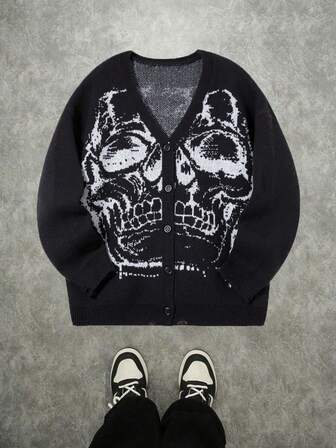 Unisex Casual Streetwear Skull Embroidered Knit Cardigan Sweater For Fall Winter, V-Neck Button Up Loose Fit Pullover Top