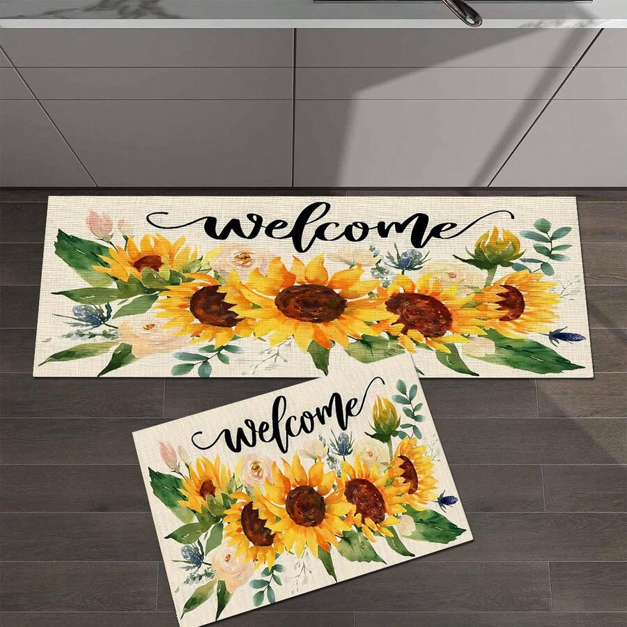 1pc Sunflower Pattern Welcome Mat, Durable Drainage Rug For Kitchen, Living Room, Entryway, Balcony, Home Decor, Anti-Slip, Suitable For Cafe, Bar, Holiday, Party, Bedroom, Bathroom