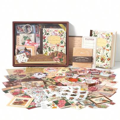 Kit de suministros de scrapbooking con flores estéticas, kit de diario de balas con suministros de scrapbooking vintage, cuaderno A6 con cuadrícula, papelería, pegatinas washi, regalo de arte de papel