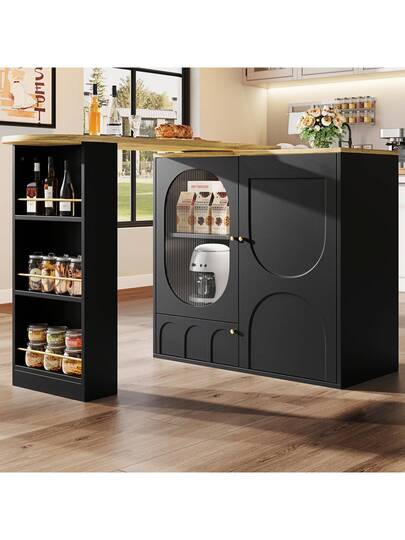 Sairedel Wit 360° Rotating Bar Tafel Storage Space Kitchen Isl 138x39x102cm Doors, Door Shelves Removable Dividers, As Dining Counter