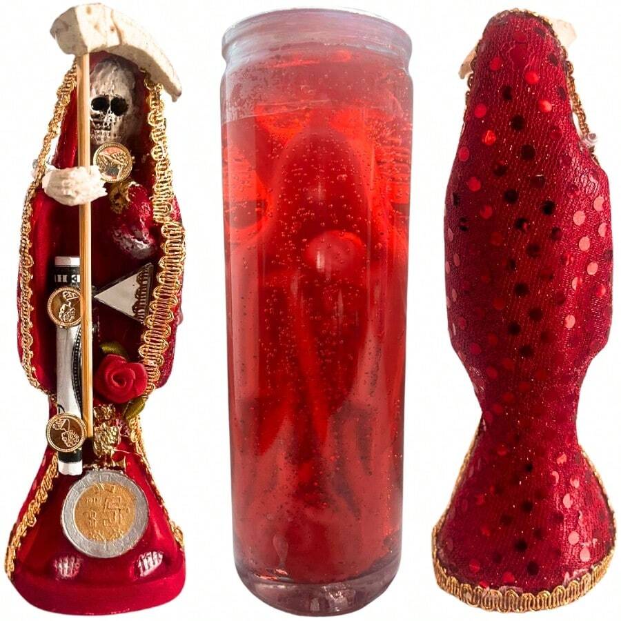 Santa Muerte Roja 15cm vestida veladora gel amor pasión relaciones sentimentales altar espiritual figura decorativa protección ceremonia ritual ofrenda devoción espiritualidad regalo exclusivo colección esotérica - Rojo - Ver 1