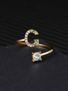 礼盒装 26 字母奢华水钻金色开口戒指，适合女性婚礼订婚派对生日礼物 - 金色 - 查看 37