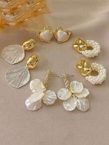 4 Pairs/Set Elegant Simple Vintage Round Faux Pearl Shell Drop Oil Heart French Style Luxury Earring Set, Suitable For Women's Daily And Holiday Wear - 多色的 - 查看 1