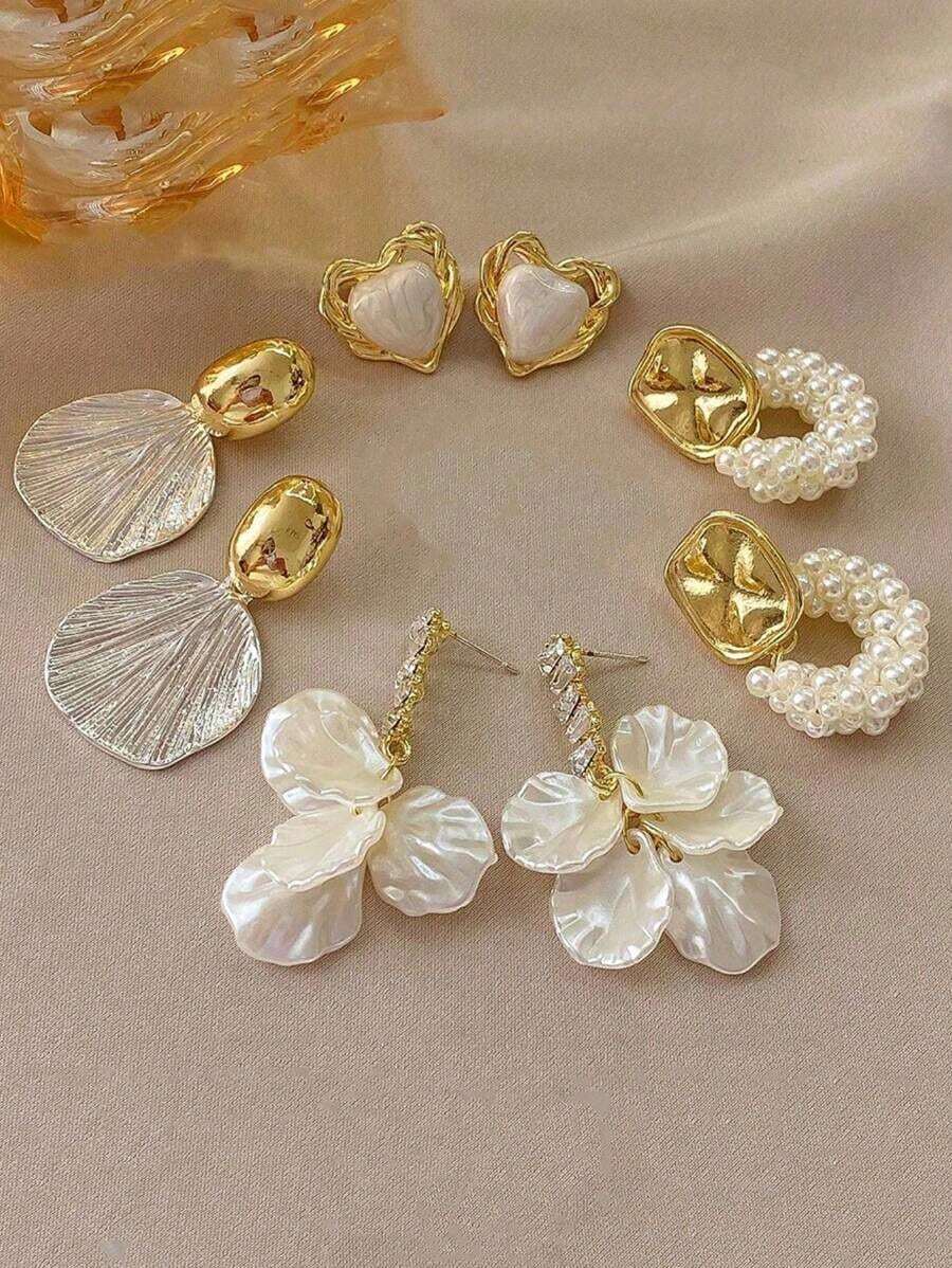 4 Pairs/Set Elegant Simple Vintage Round Faux Pearl Shell Drop Oil Heart French Style Luxury Earring Set, Suitable For Women's Daily And Holiday Wear - 多色的 - 查看 1