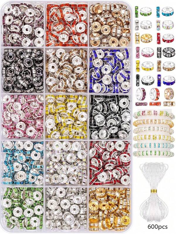 1 caja de 600/360/300/120 piezas de 8mm de cuentas espaciadoras de cristal doradas, plateadas y multicolor (color aleatorio), cuentas espaciadoras redondas, cuentas espaciadoras de cristal brillante para hacer collares, pulseras, pendientes y artesanía de joyería de bolígrafo, incluye 1 cuerda elástica