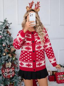 Áo len nữ mùa Thu/Đông kiểu dáng retro giản dị, áo cardigan dài tay cổ tròn cài nút - Kiểu dáng đáng yêu, hoàn hảo cho không khí Giáng sinh, trang phục Giáng sinh, quần áo mùa đông nữ. - Đỏ - Xem 5