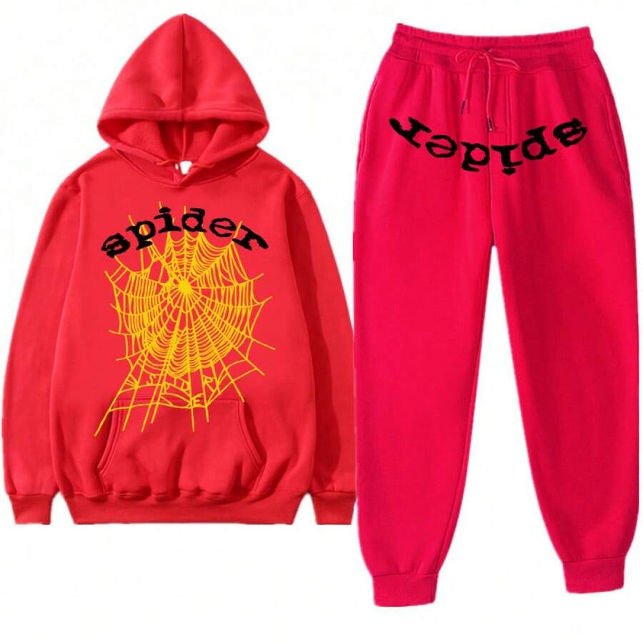 American Hip-Hop Singer Letter Print Couple Sweatshirt Unisex Hoodie Set Black Casual Wear Vacation Wear Streetwear Fabric - Y紅色黃網黑spider - 查看 1