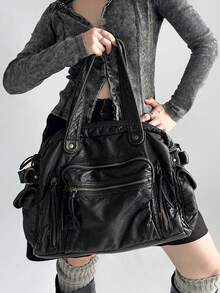 Retro Biker Bag Punk Genderless Wind Multi Zipper Tote Shoulder Crossbody Large Capacity Spice Girls Underarm Bag, New Arrival Tote Bags For Woman