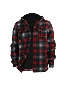 Men's Winter Jacket, Hoodie,Heavy Thick Flannel Plaid Jacket Sherpa Fleece Lined Hoodies For Men Zip Up Winter Warm Coat Buffalo Zipper Sweatshirt - 紅黑格 - 查看 2
