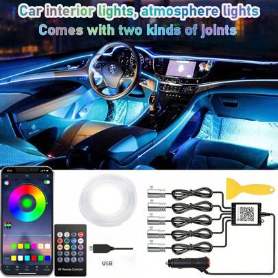 Car Interior Lights, USB Car LED Light Bar, Car Ambient Lighting Kit 236 Inch Fiber Optic, RGB EL Wire Lights App And Remote Control Music Sync And DIY Mode DC 12V