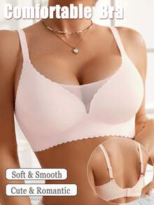 Sutiene fără sudură din plasă, model patchwork, push-up, fără buzunar, sutien cu tampoane, sutien cu volane, sutien din dantelă, fără fereastră, cu garnituri de salată verde, intim, romantic, cu margine ondulată, confortabil, cu ridicare, fără fereastră, lenjerie de bază, culoare solidă, reglabil, sutien - Baby Pink - Vizualizare 1
