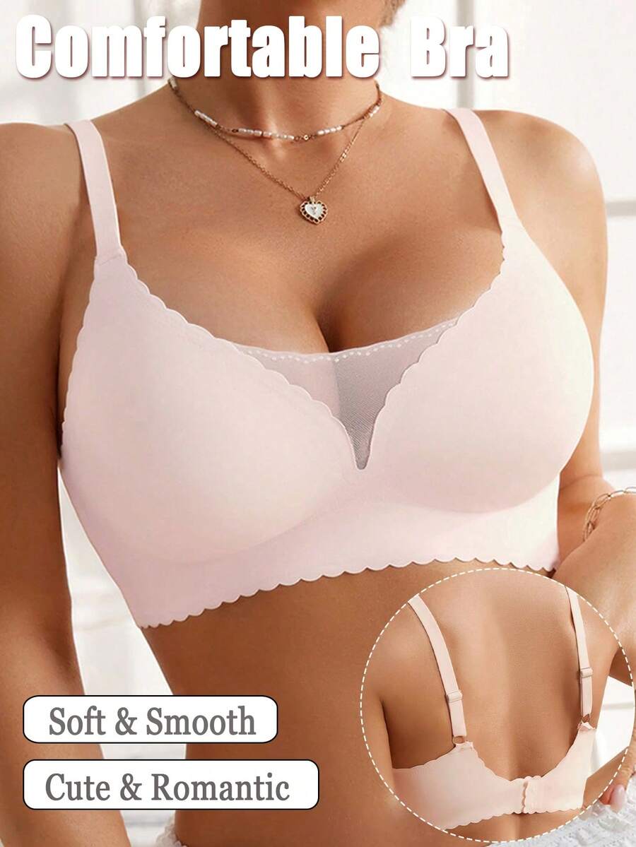 Sutiene fără sudură din plasă, model patchwork, push-up, fără buzunar, sutien cu tampoane, sutien cu volane, sutien din dantelă, fără fereastră, cu garnituri de salată verde, intim, romantic, cu margine ondulată, confortabil, cu ridicare, fără fereastră, lenjerie de bază, culoare solidă, reglabil, sutien - Baby Pink - Vizualizare 1