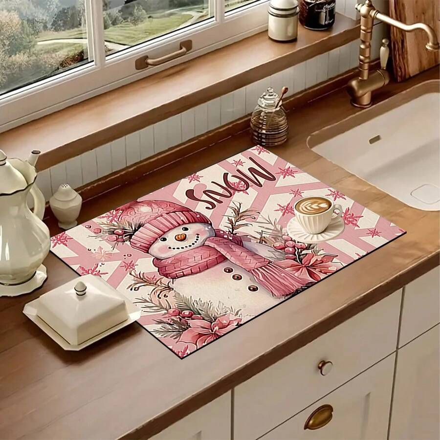 1 pièce Tapis de séchage de vaisselle de cuisine avec imprimé bonhomme de neige de Noël, super absorbant, cache les taches, tapis de séchage de vaisselle avec dos en caoutchouc, tapis polyvalent pour machine à café, plan de travail de cuisine, égouttoir à vaisselle
