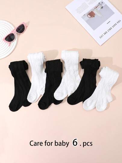 6 双女童纯色紧身裤，心形和麻花针织图案打底裤，适合 0-8 岁婴幼儿日常穿着