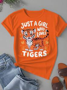 2025 Model Plus-Size Women's Stylish Just A Girl Who Loves Tigers Cute Tiger Printed Casual And Relaxed T-Shirt - 橘色 - 查看 2