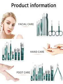 4-26pcs Stainless Steel Nail Clipper Set, Professional Multi-Function Nail Care Tools Nail Clipper Eyebrow Scissors, Manicure Tools, With PU Leather Travel Storage Box - Green - View 7