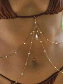 1pc Metallic Sexy Bikini Body Chain Decor With Faux Pearl Delicate Waist Chain, For Nightclub Party Jewelry