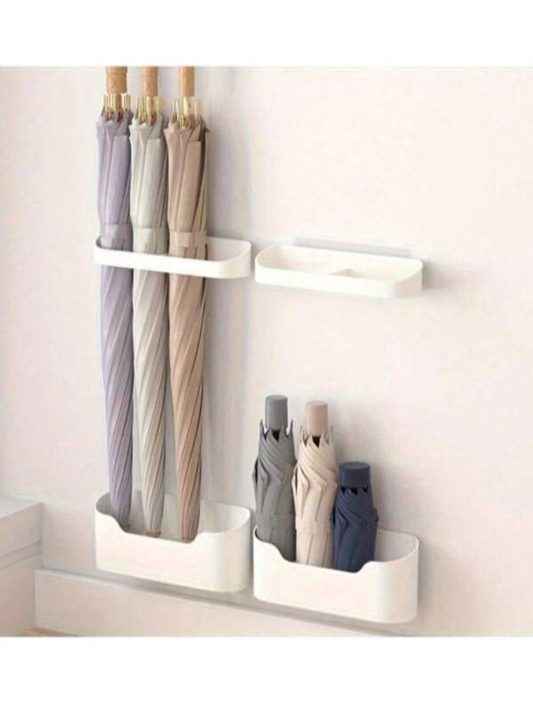 2 Pieces/1 Set: Drill-Free Wall-Mounted Umbrella Stand With Drip Tray - Modern Long-Handle Folding Umbrella Holder