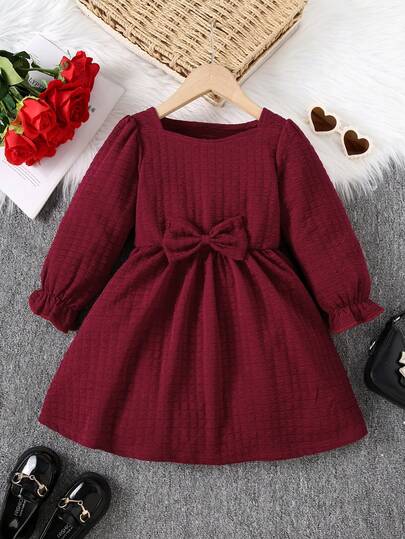1pc Girls Casual Solid Color Soft Comfortable Jacquard Knit Long Sleeve Dress, Suitable For Outdoor Wear, Autumn/Winter
