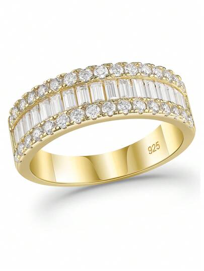 1pc Elegant 925 Sterling Silver Moissanite Diamond Yellow Gold Color Wedding Bands For Women Center Stone 1.5*3mm 2.0 Carat Dazzling Emerald Cut D-Color VVS1 Moissanite Promise Engagement Eternity Rings Fine Jewelry Valentines Gift