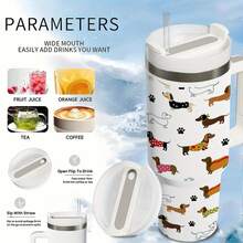 1 Pc 40oz Stainless Steel Straw  Cup With Handle, Cartoon Dachshund Colorful Clothing With Paw Print Pattern, Double-Layer Insulated  Cup, 12 Hours Of Heat Preservation/24 Hours Of Cold Preservation, Fun Kitchen Drinking Utensils, Perfect For Birthday Or Holiday Gifts For Dog Lovers And Friends. - 白色 - 查看 6