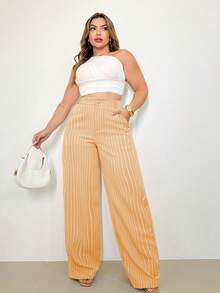 A&DD MODA, REF: H932(PLUS SIZE) - Plus Size Women's Striped Pants, Stylish Plus Size, High Waist, Wide Leg, Elegant, Casual, Formal, Lightweight, Modern, Comfortable, Women's Pants, Lightweight Fabric, Striped Print, Simple Look, Versatile, High Quality ✨ - 棕色 - 查看 5