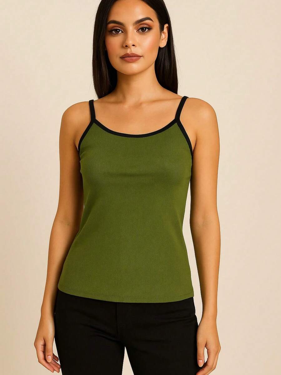 Basic Casual Polyester Sports And Fitness Ribbed Thin Strap Tank Top - 軍綠色和黑色 - 查看 1