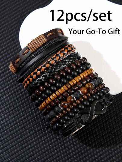 Conjunto de 5/12 peças de pulseiras elásticas unissex clássicas de couro número 8 feitas à mão com contas, para festa punk, festival de música diário, hip hop, presente perfeito para o dia dos pais