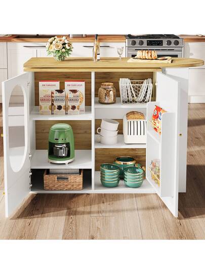 Sairedel Wit 360° Rotating Bar Tafel Storage Space Kitchen Isl 138x39x102cm Doors, Door Shelves Removable Dividers, As Dining Counter view 2