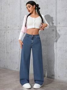 女士可爱藏蓝色和白色条纹长款牛仔裤，带口袋，无弹力，休闲优雅风格，适合万圣节、圣诞节、新年、感恩节和夏季穿着。 - 藍色 - 查看 7