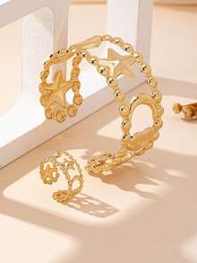 2件套镂空星月手链戒指套装，适合派对、聚会和日常佩戴 - 金色 - 查看 2