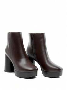 Women's Retro-Modern Square Toe Chunky Round Heel Ankle Boots With Lightweight Platform, Perfect For Daily Outings - Brown - View 6