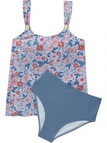 High Waisted Ruffle Tankini Swimsuit Plus Size Tummy Control - Blue Orange Printed - View 4