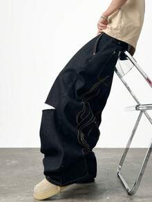 1pc Fashionable Loose Fit Distressed Embroidered Denim Jeans, Versatile Streetwear Style Casual Pants For Men, All Season - màu đen - Xem 5