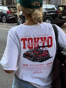 Summer New Minimalist Fashion Funny Racing Car Print Casual Round Neck White Short Sleeve T-Shirt, Versatile And Suitable For Women