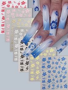 3D芙蓉花美甲贴纸 - 7种颜色（粉色、金色、白色、黑色），热带花叶滑贴，适合春夏DIY美甲、婚礼季和情人节美甲，自粘式美甲贴纸，美甲用品 - 彩色 - 查看 1