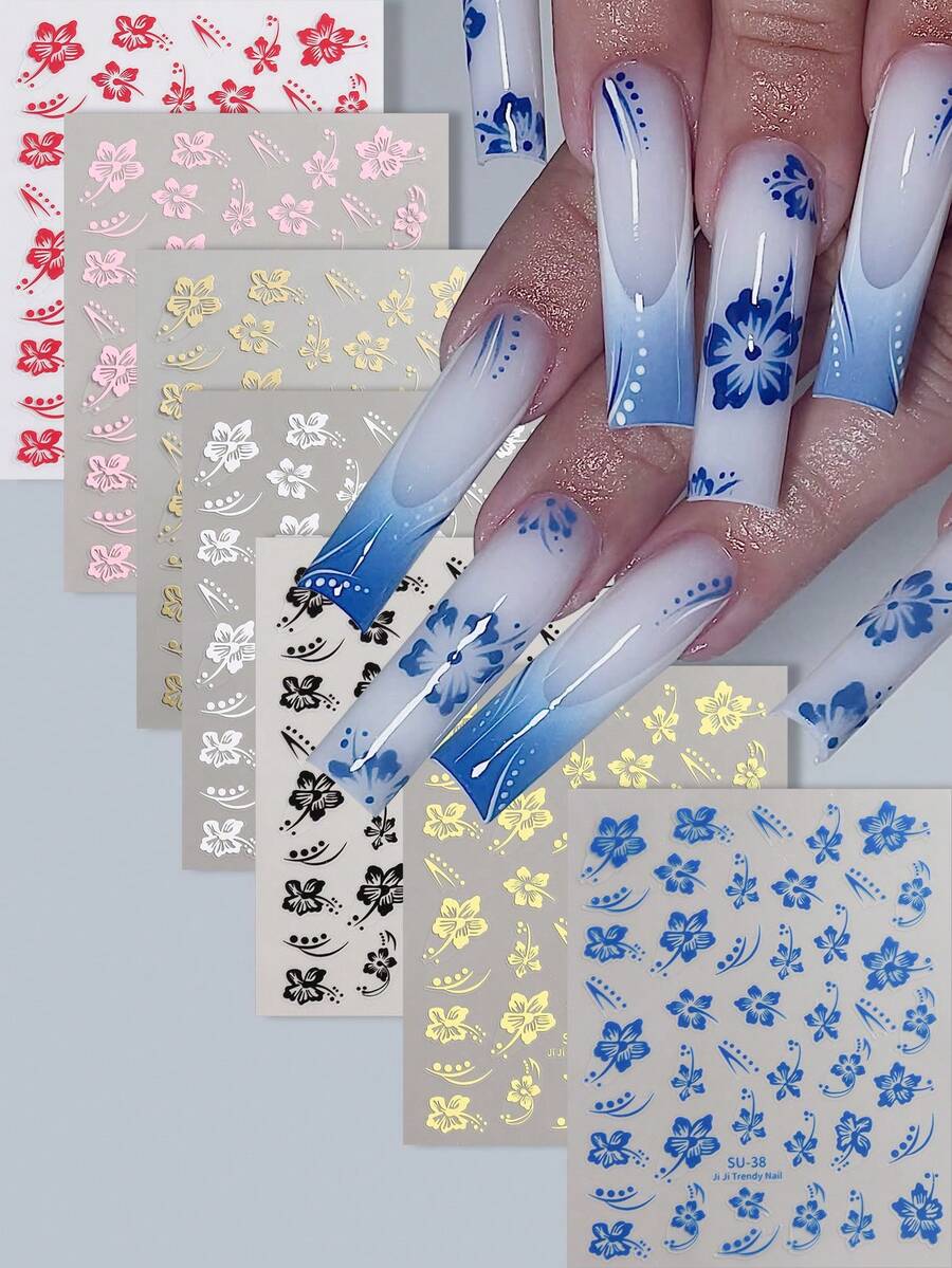 3D芙蓉花美甲贴纸 - 7种颜色(粉色、金色、白色、黑色),热带花叶滑贴,适合春夏DIY美甲、婚礼季和情人节美甲,自粘式美甲贴纸,美甲用品 - 彩色 - 查看 1