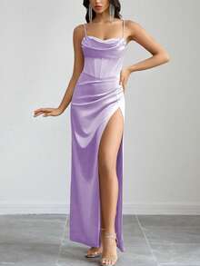 Women's Elegant Light Purple Satin Spaghetti Strap Ruched Decor Back Tie Open Slit Dress, Suitable For Banquet, Party, Wedding Bridesmaid - Màu tím hoa cà - Xem 6