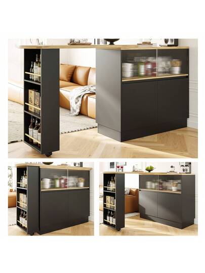 Sairedel 360° Rotating Sideboard Shelves Glass Moderne Serving Buffet 90x45x100 Cm Kitchen, Restaurant, Living Room Multifunctional Shelf, Bar Cabinet view 3