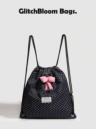 GlitchBloom Bags. New Korean Fashion Versatile Polka Dot Drawstring Closure Cute Bow Backpack, Fashionable Casual Shoulder Bag For Women, Suitable For Street, Party, And Gift