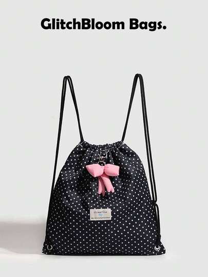 GlitchBloom Bags. New Korean Fashion Versatile Polka Dot Drawstring Closure Cute Bow Backpack, Fashionable Casual Shoulder Bag For Women, Suitable For Street, Party, And Gift