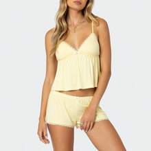 XBTCLXEBCO Lace Pajama Sets For Women 2 Piece Sexy Sleeveless Cami Tank Top And Shorts Pj Set Y2K Matching Lounge Sleepwear - 蕾絲黃+大號 - 查看 3