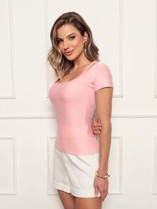 Basic Square Neck Blouse With Comfortable Sleeves Elegant Women's Fashion - Baby Pink - View 3