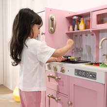 Kinder King Wooden Kids Play Kitchen, Toy Kitchen Playset For Toddler, Realistic Kitchen Sets W/Lights & Sounds, Pretend Ice Maker, Telephone, Kitchen Accessories, Gift For Boys Girls Age 3+, Halloween Christmas Gift, Pink