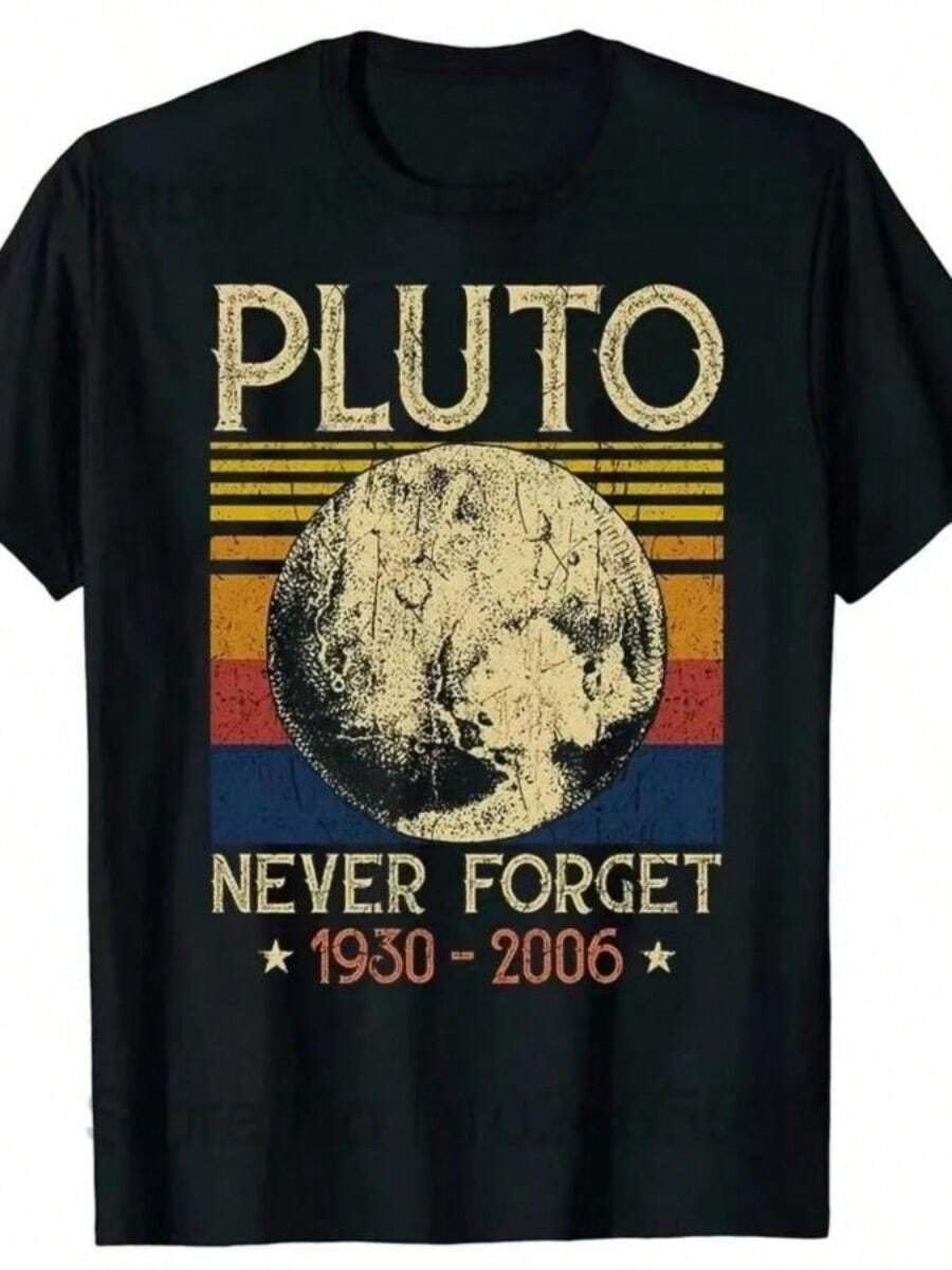 2025 Summer Men's T-Shirt Never Forget Pluto Printed T-Shirt Casual Sports Cotton Short SLeesve Oversized Tee Shirt Men Clothes - 黑色 - 查看 1