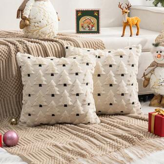 2pcs Christmas Tree Quilted Plush Pillow Covers, Square Pillow Shams With Christmas Decor, Suitable For Home Decoration, Living Room, Sofa, All Seasons