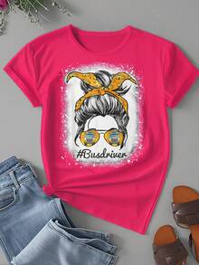 Women's Plus-Size Bus Driver Life Messy Bun Hair Cute School Bus Driver Fashionable Casual Daily Shopping Loose T-Shirt - 粉色 - 查看 2